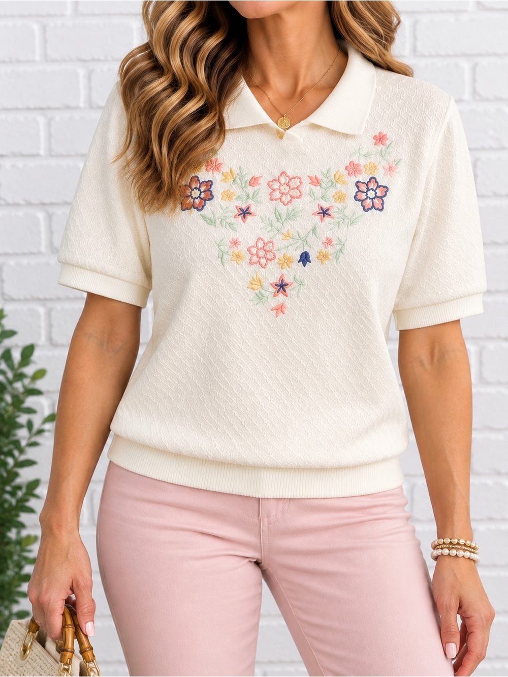 Vintage Y2K Alfred Dunner S Floral Embroidered Polo Sweatshirt Cotton Blend